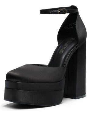 Dream Pairs Women's Black Satin Platform Square Toe Ankle Strap Heels Party Pump